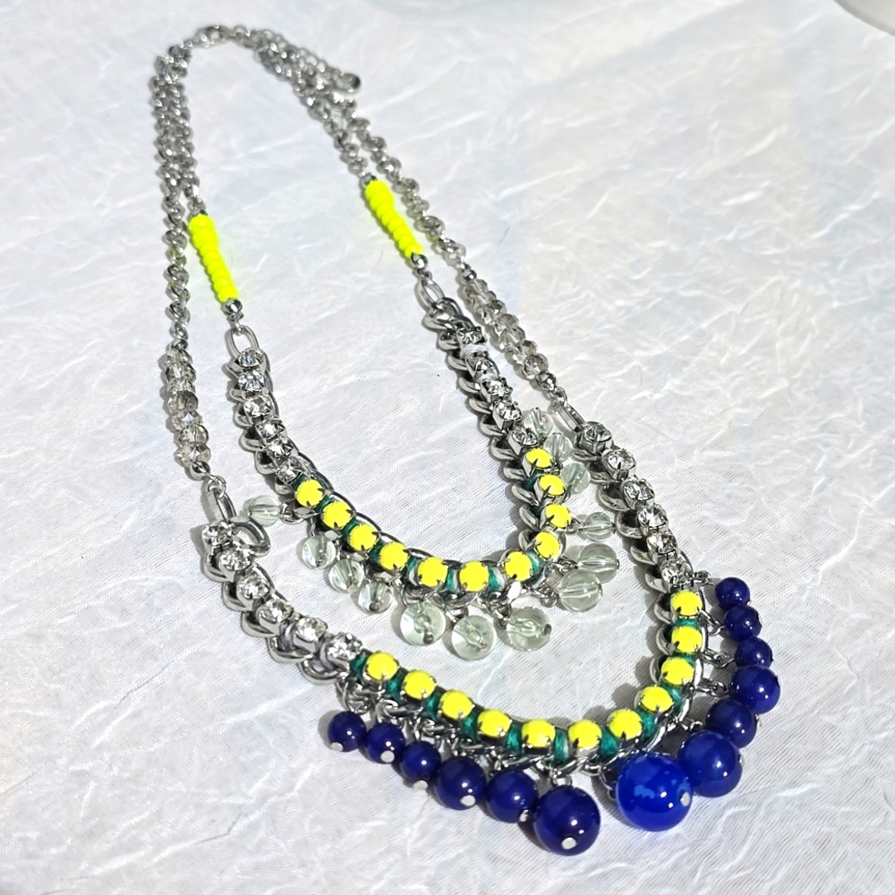 Ann Taylor LOFT Silver Yellow and Blue Glass Beaded Necklace LAYERED 0254